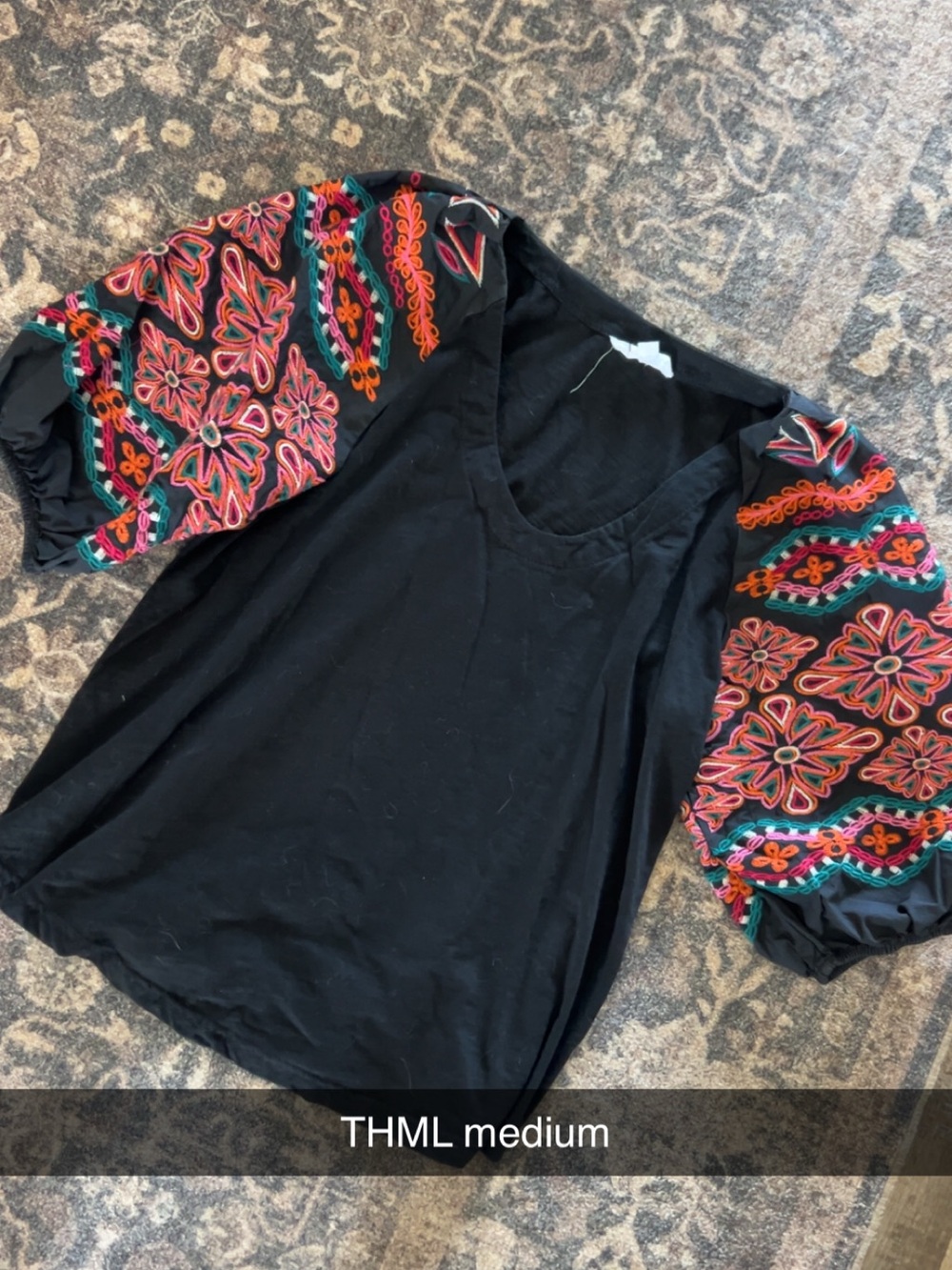 THML Black Top with Multicolor Embroidered Puff Sleeves